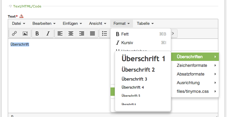 Auswahl Überschriften im TinyMCE 4